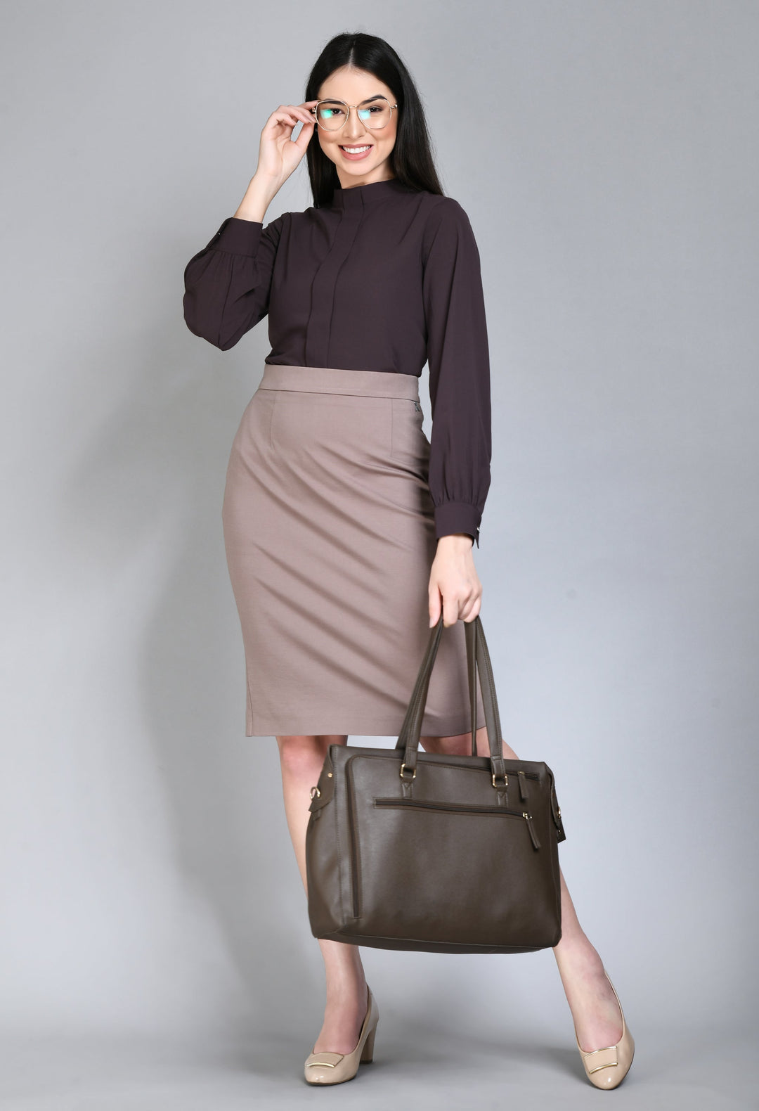 Coffee-Brown-Foresight-High-Neck-Front-Pleat-Top