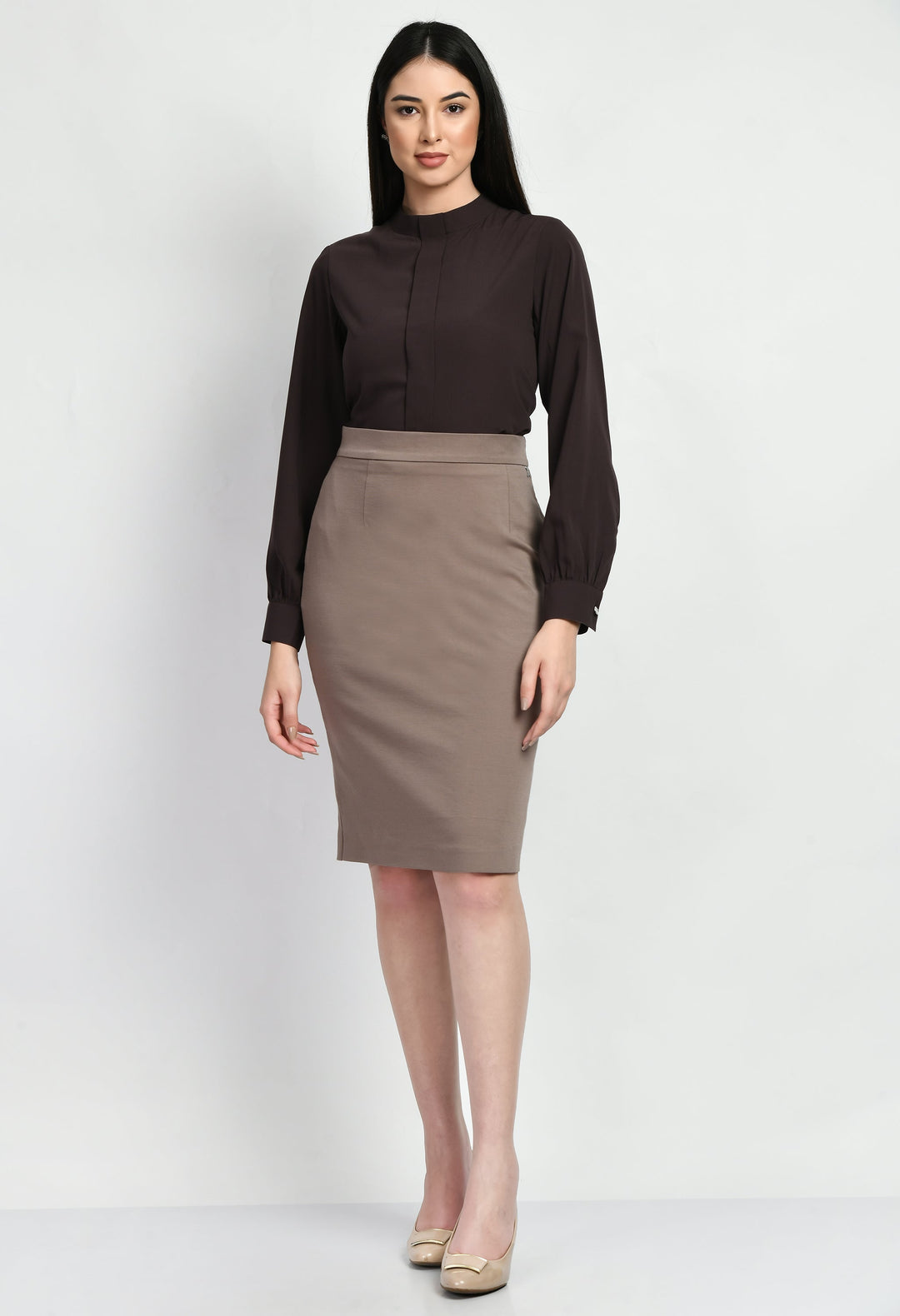 Coffee-Brown-Foresight-High-Neck-Front-Pleat-Top