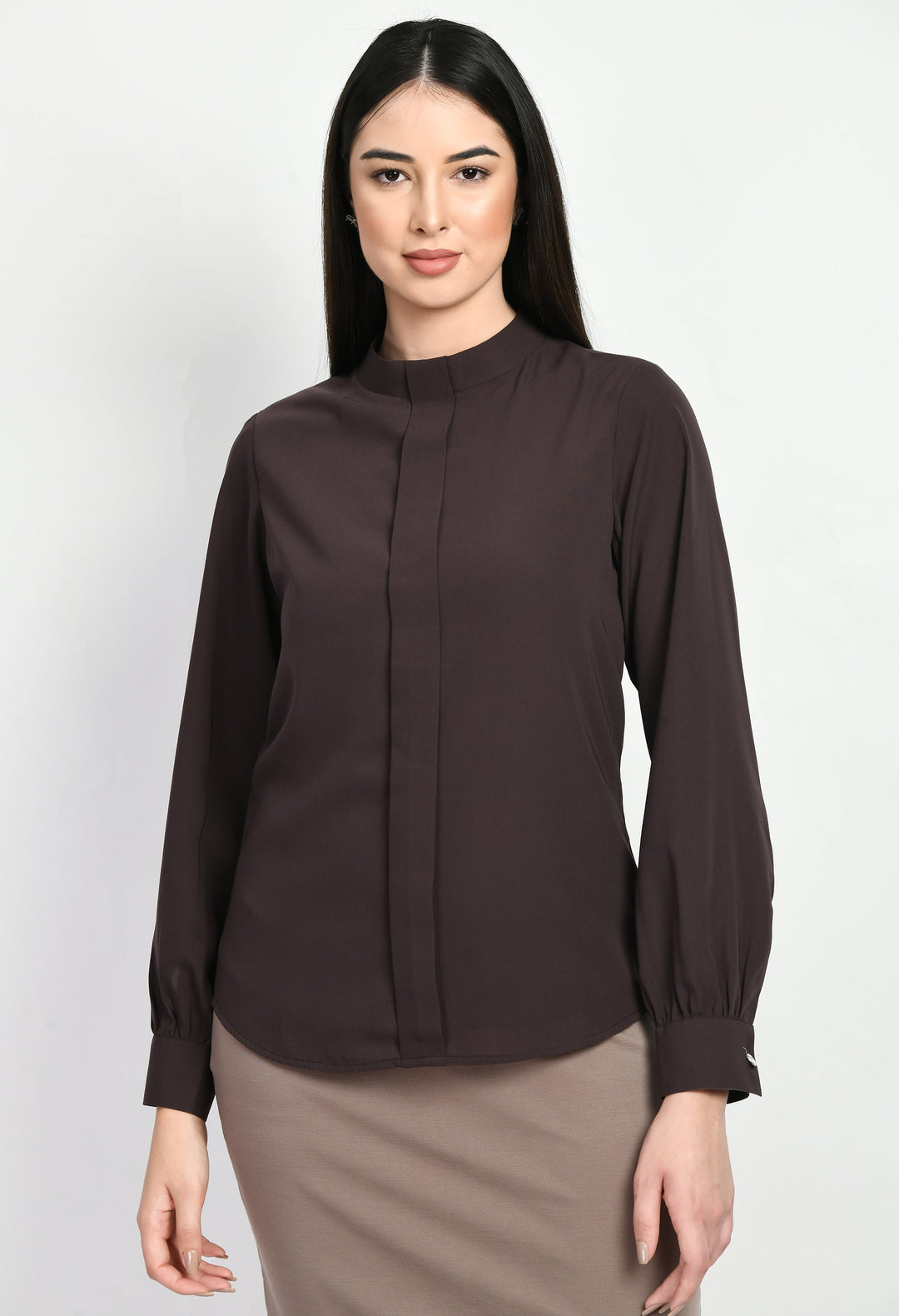 Coffee-Brown-Foresight-High-Neck-Front-Pleat-Top