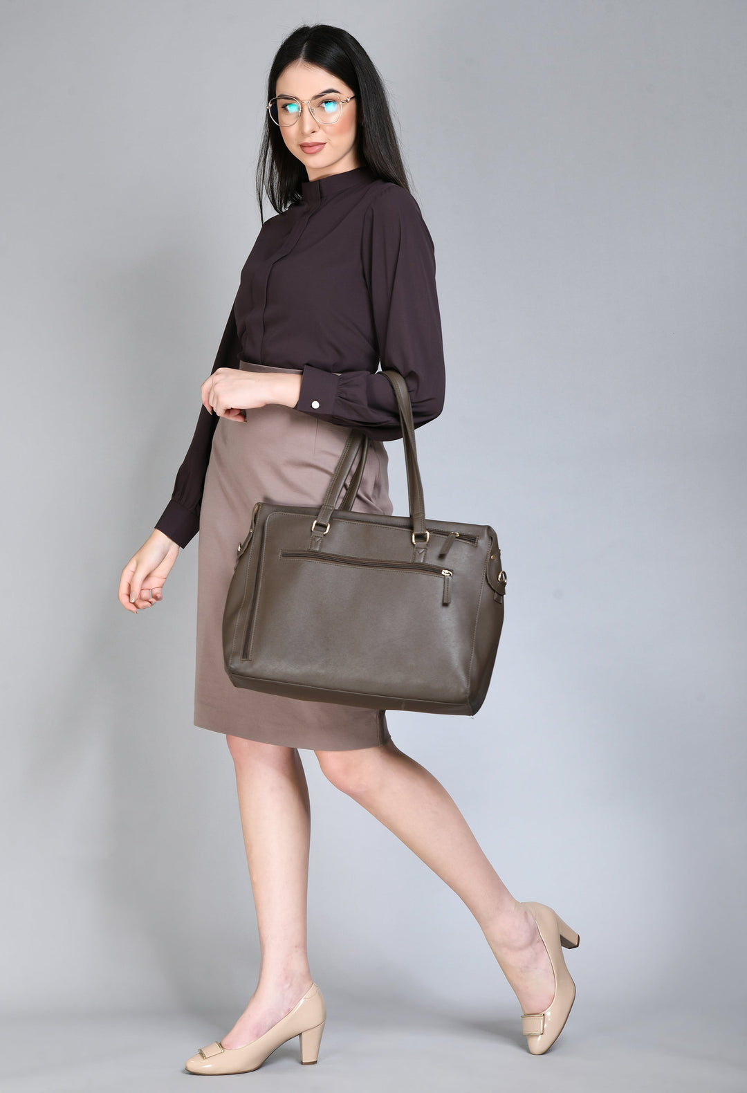 Coffee-Brown-Foresight-High-Neck-Front-Pleat-Top