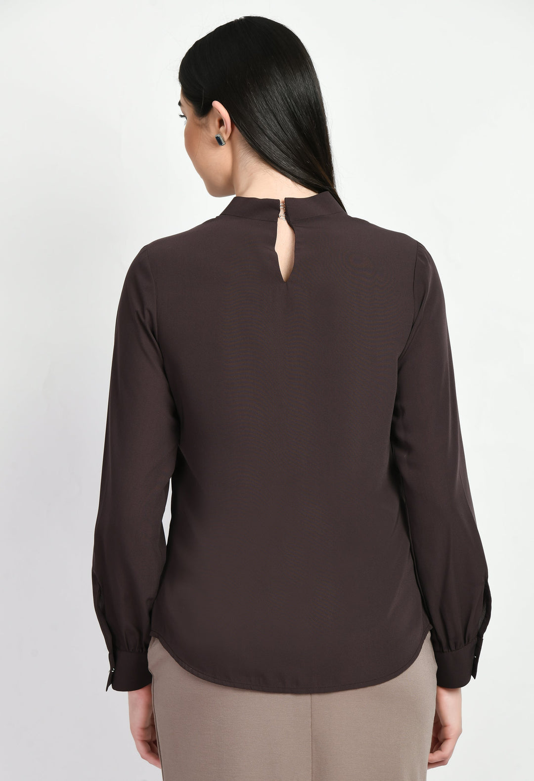 Coffee-Brown-Foresight-High-Neck-Front-Pleat-Top