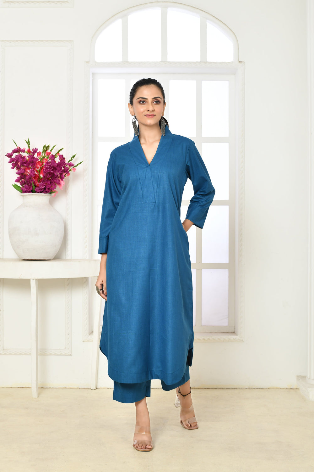 Copper-Sulphate-Blue-Cotton-Slub-Kurta-and-Pant-Set