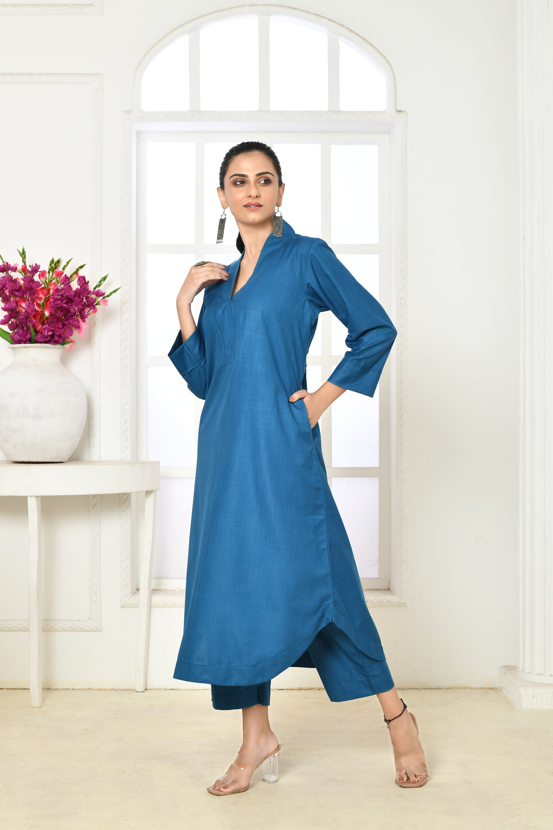 Copper-Sulphate-Blue-Cotton-Slub-Kurta-and-Pant-Set