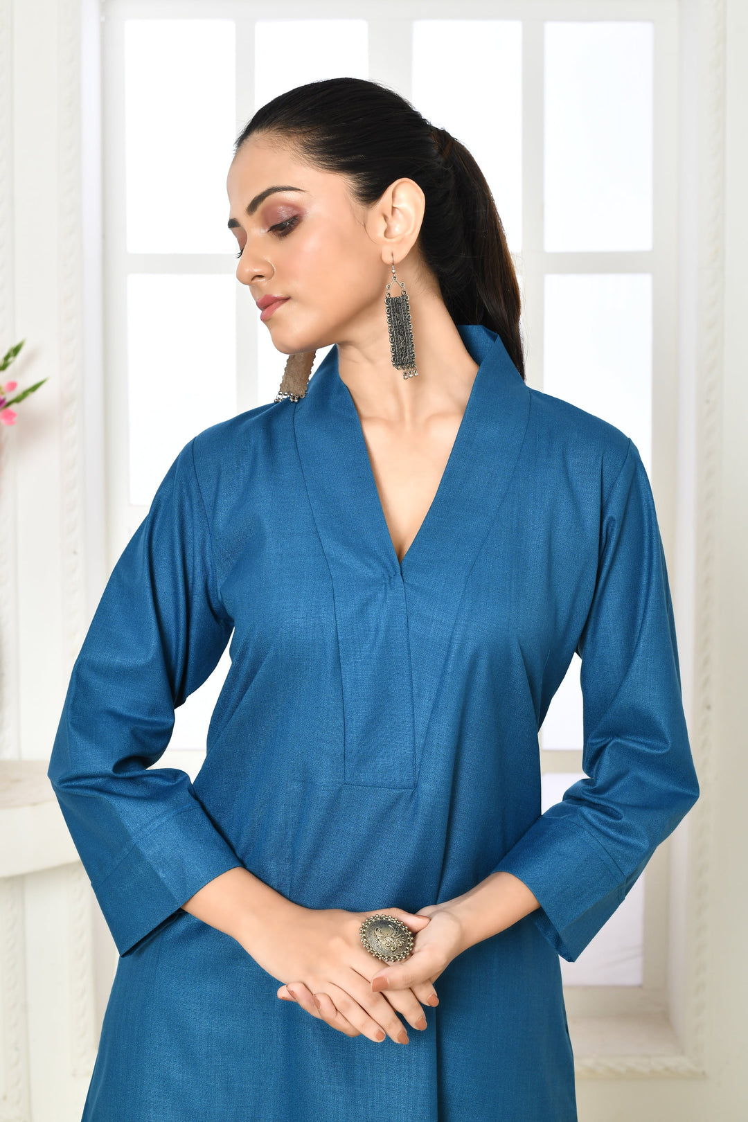 Copper-Sulphate-Blue-Cotton-Slub-Kurta-and-Pant-Set