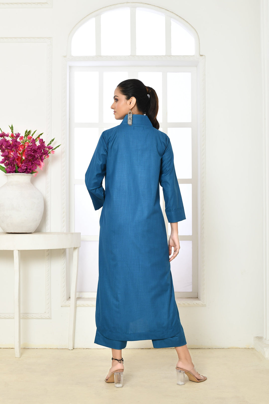 Copper-Sulphate-Blue-Cotton-Slub-Kurta-and-Pant-Set