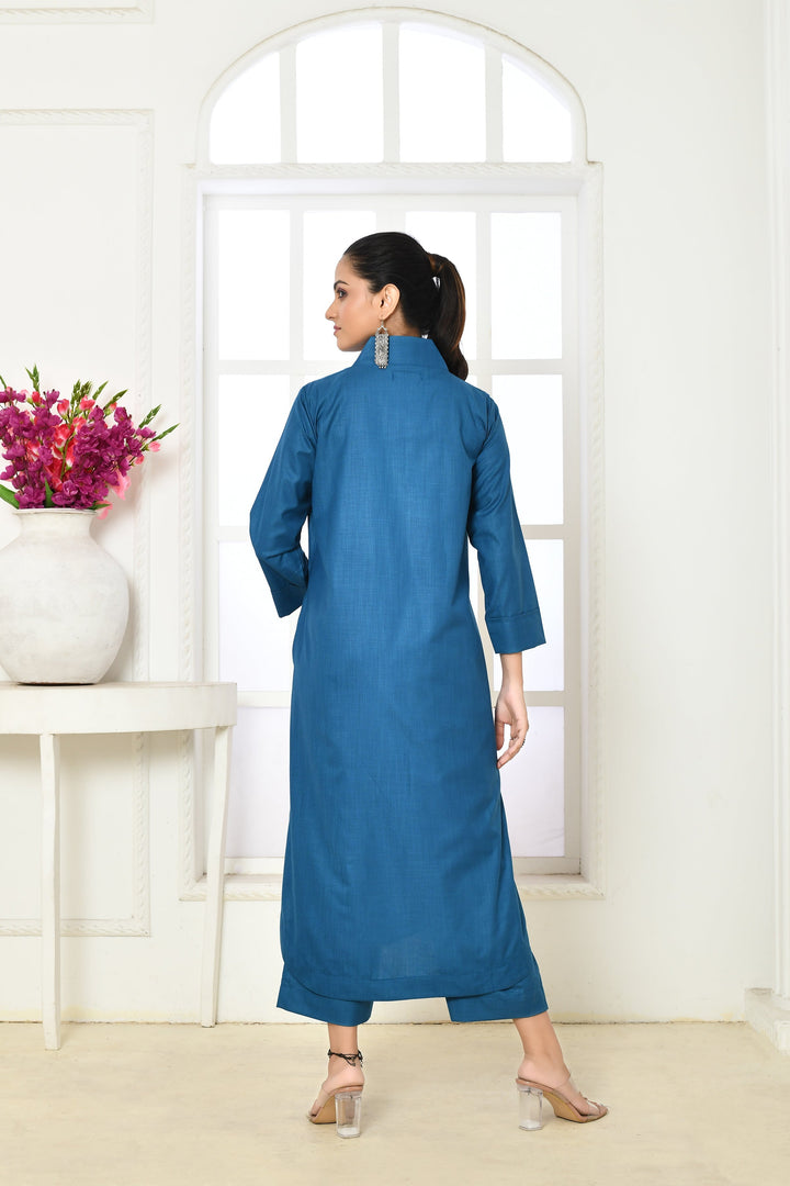 Copper-Sulphate-Blue-Cotton-Slub-Kurta-and-Pant-Set
