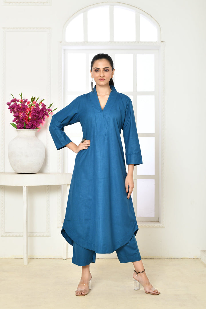 Copper-Sulphate-Blue-Cotton-Slub-Kurta-and-Pant-Set