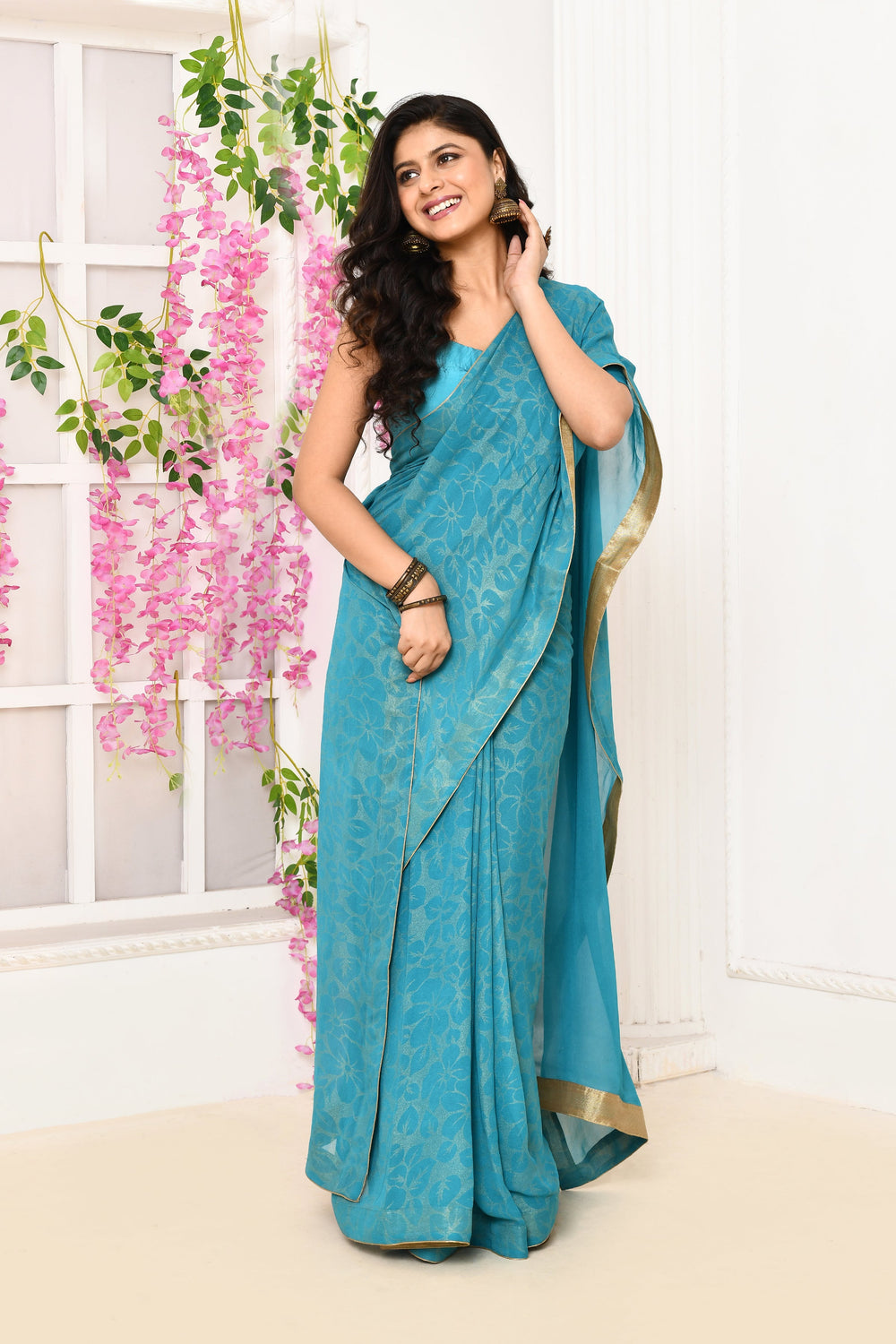 ZERESOUQ-Coppersulphate-Blue-Chiffon-Tissue-Saree-With-Golden-Self-Print