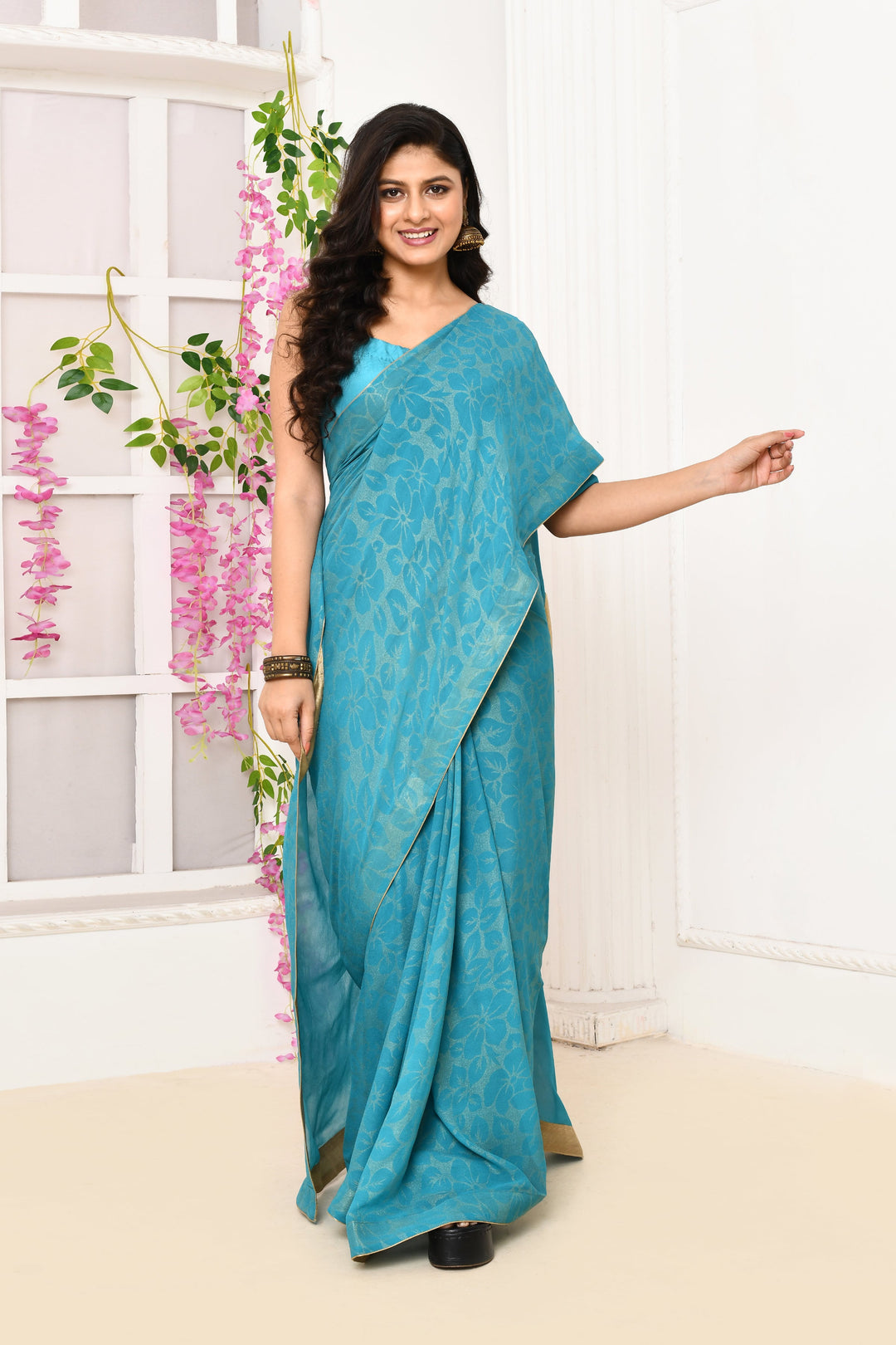 Coppersulphate-Blue-Chiffon-Tissue-Saree-With-Golden-Self-Print