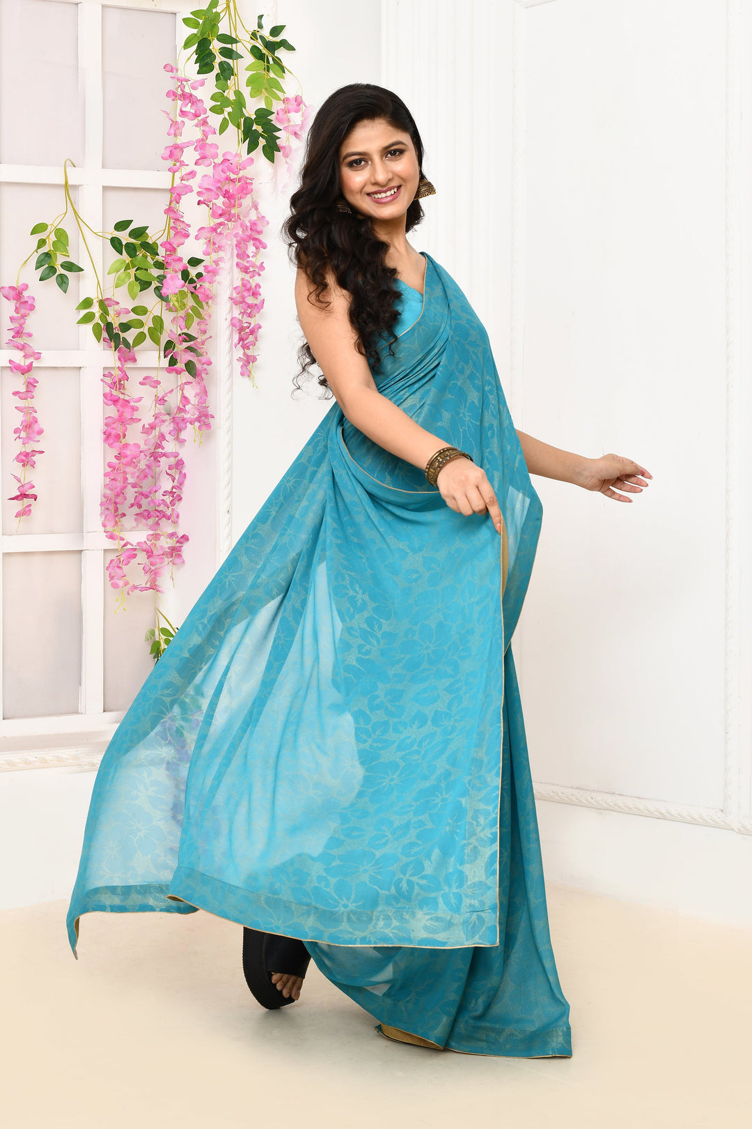 Coppersulphate-Blue-Chiffon-Tissue-Saree-With-Golden-Self-Print