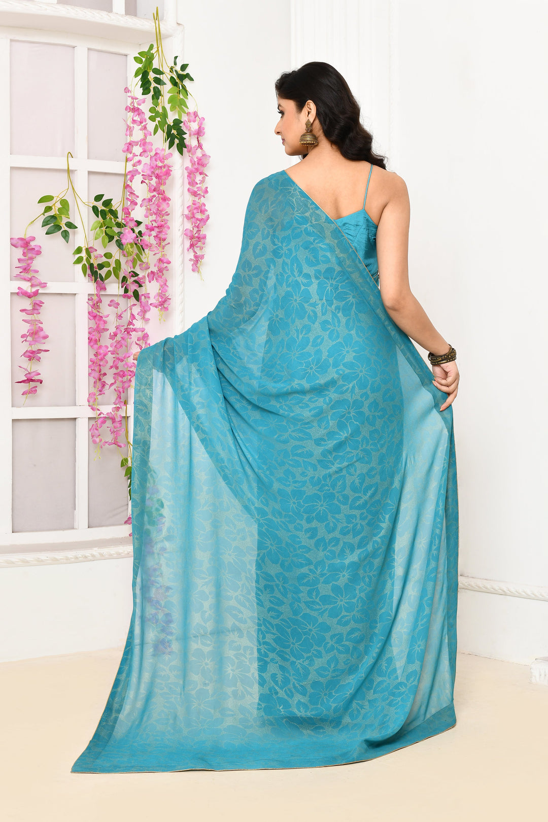 Coppersulphate-Blue-Chiffon-Tissue-Saree-With-Golden-Self-Print