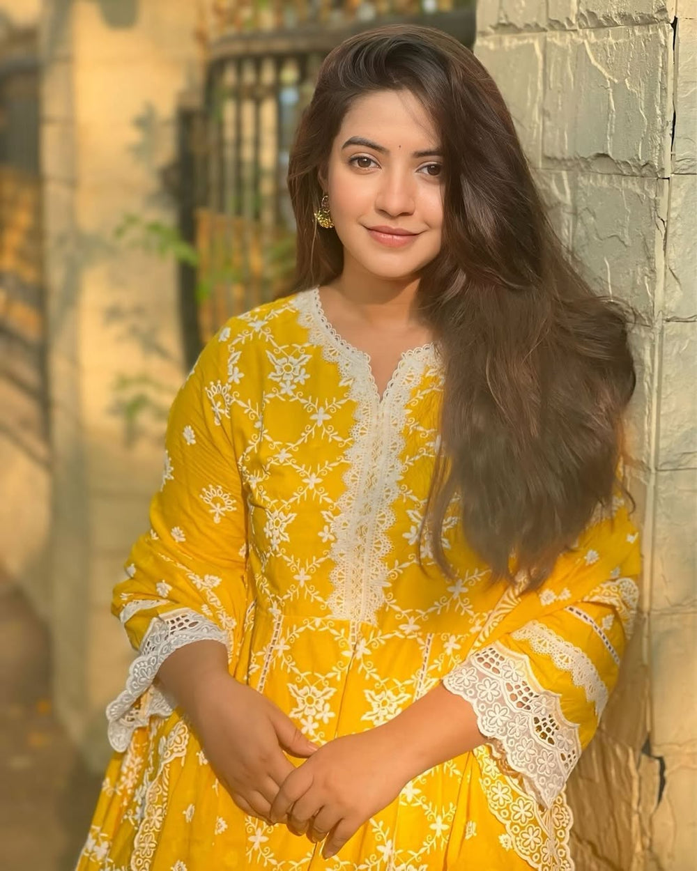 Yellow-Pure-Cotton-Schiffli-Anarkali-3-Piece-Kurta-Set