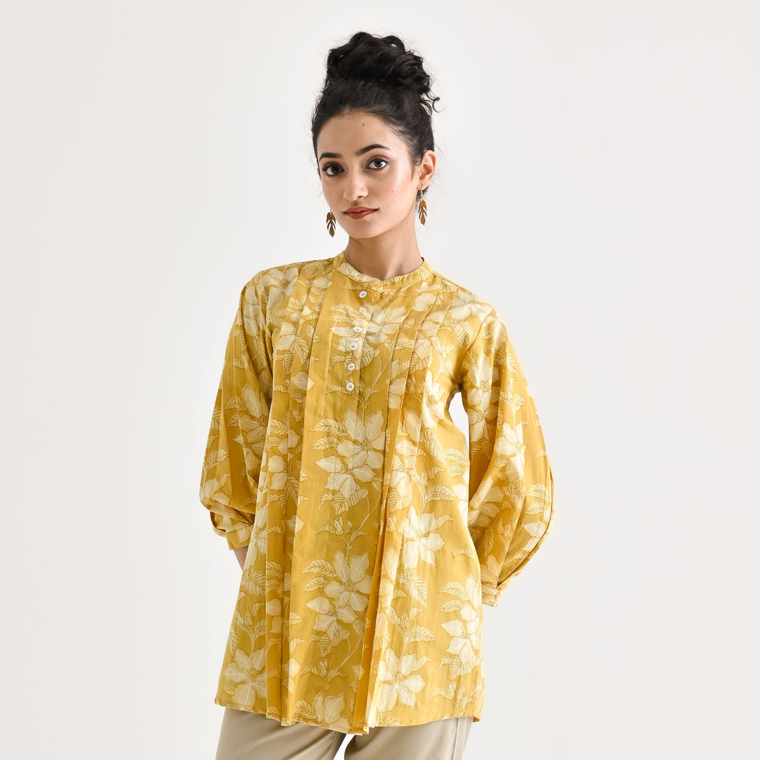 Yellow-Cotton-Sanganeri-Floral-Print-Tunic