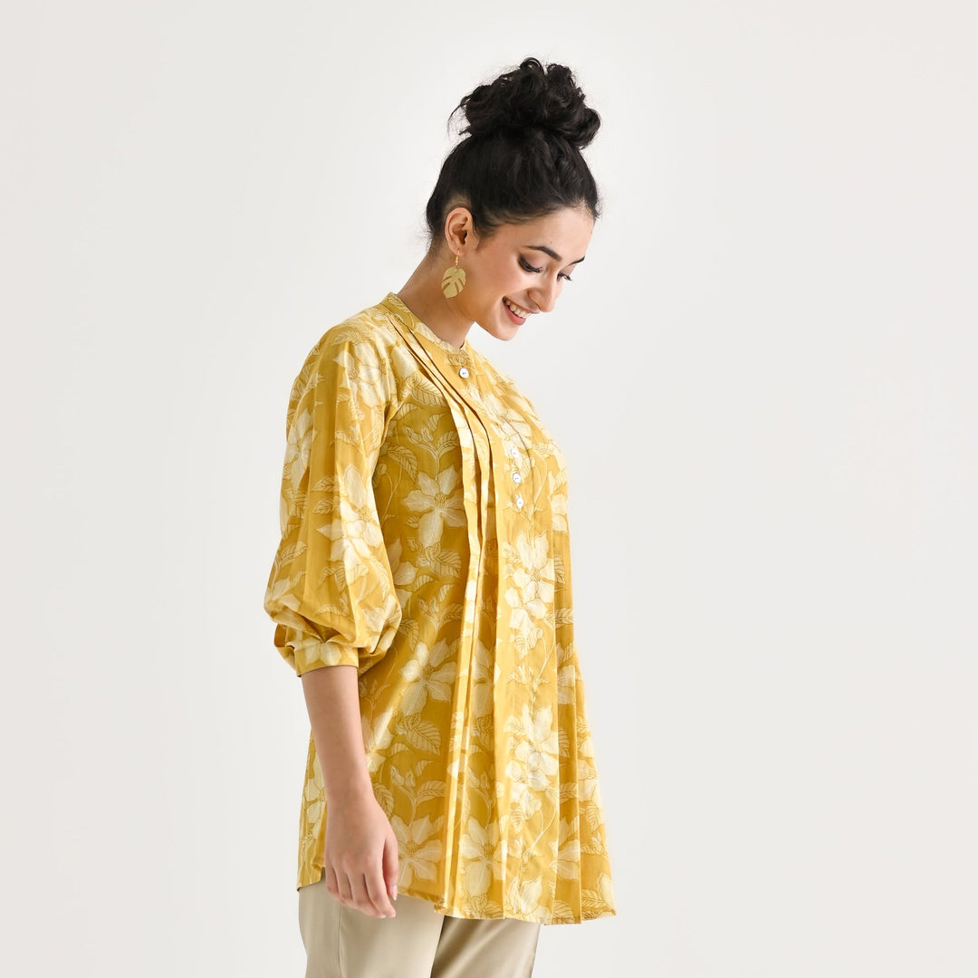 Yellow-Cotton-Sanganeri-Floral-Print-Tunic