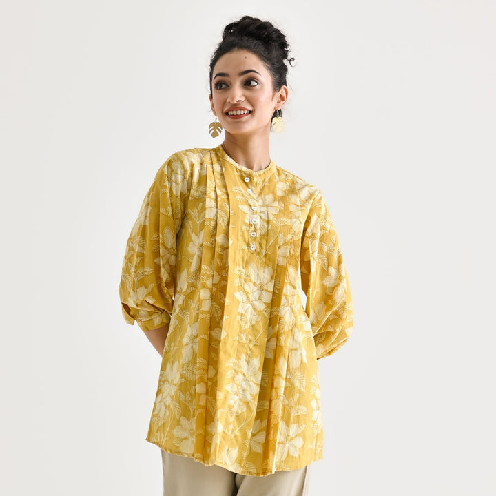 Yellow-Cotton-Sanganeri-Floral-Print-Tunic