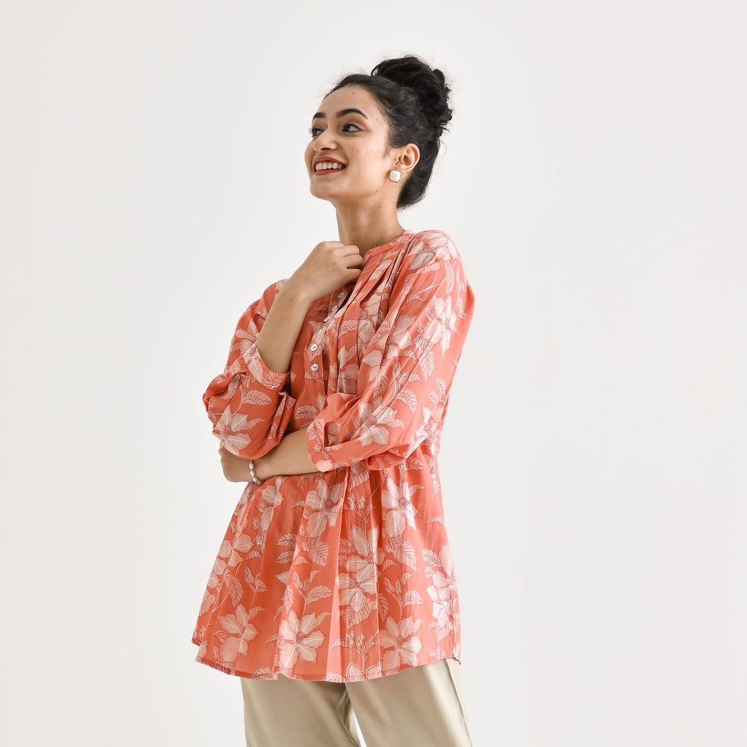 Peach-Cotton-Sanganeri-Floral-Print-Tunic