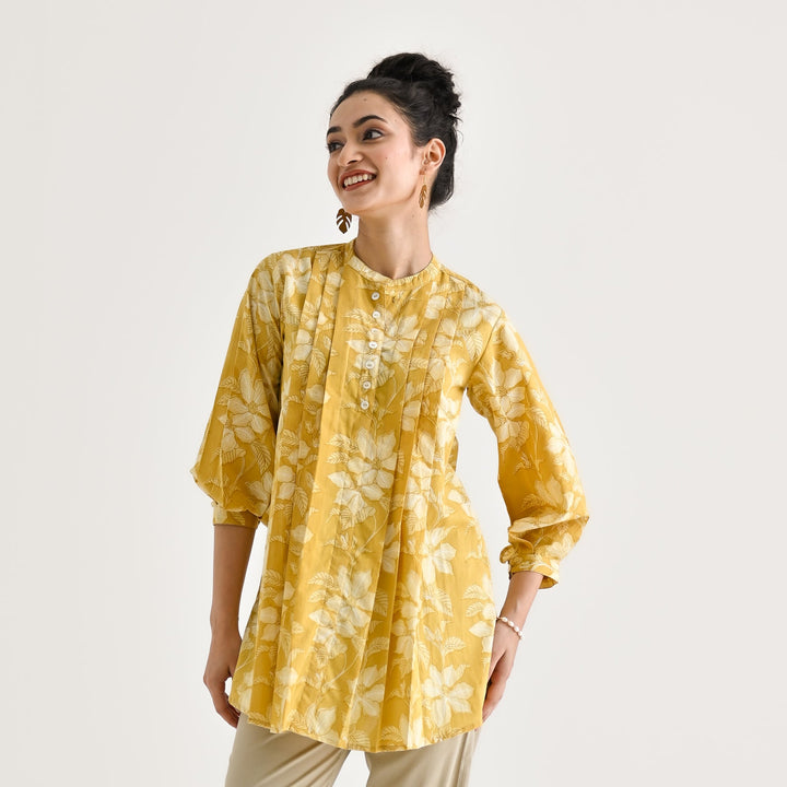 Yellow-Cotton-Sanganeri-Floral-Print-Tunic