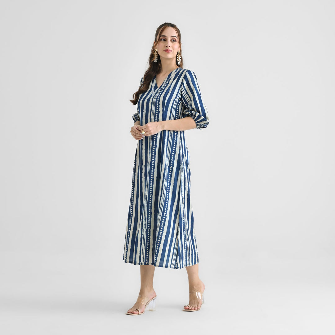 Indigo-Blue-Cotton-Dabu-Printed-Midi-Dresse