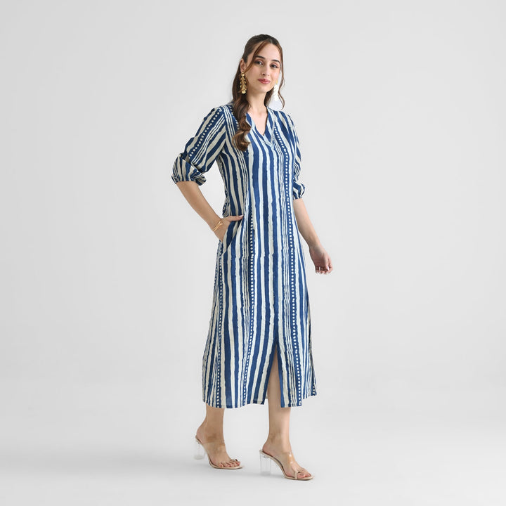 Indigo-Blue-Cotton-Dabu-Printed-Midi-Dresse