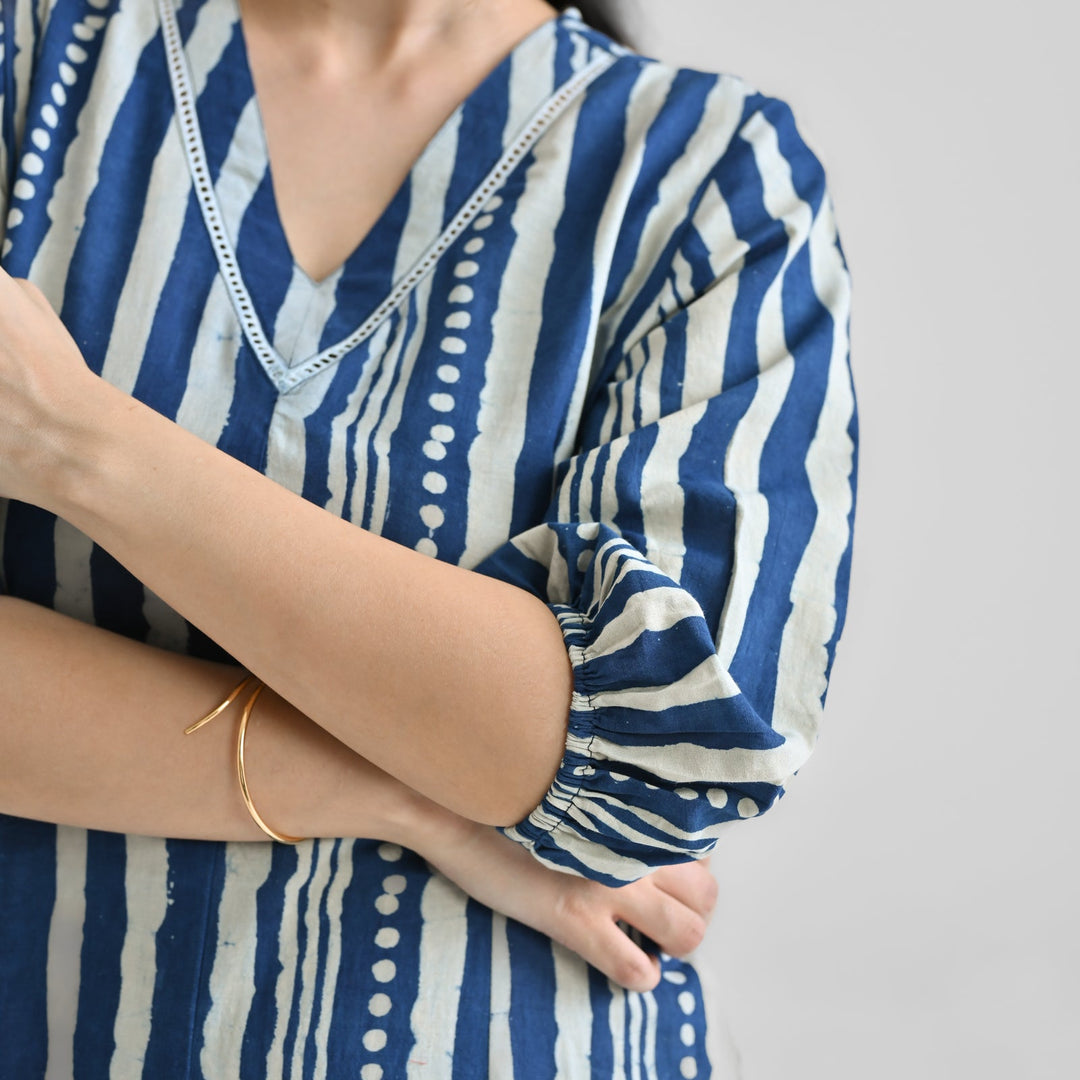 Indigo-Blue-Cotton-Dabu-Printed-Midi-Dresse