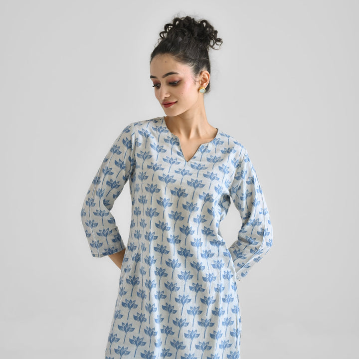Light-Blue-Cotton-Lotus-Dabu-Print-2-Piece-Kurta-Set