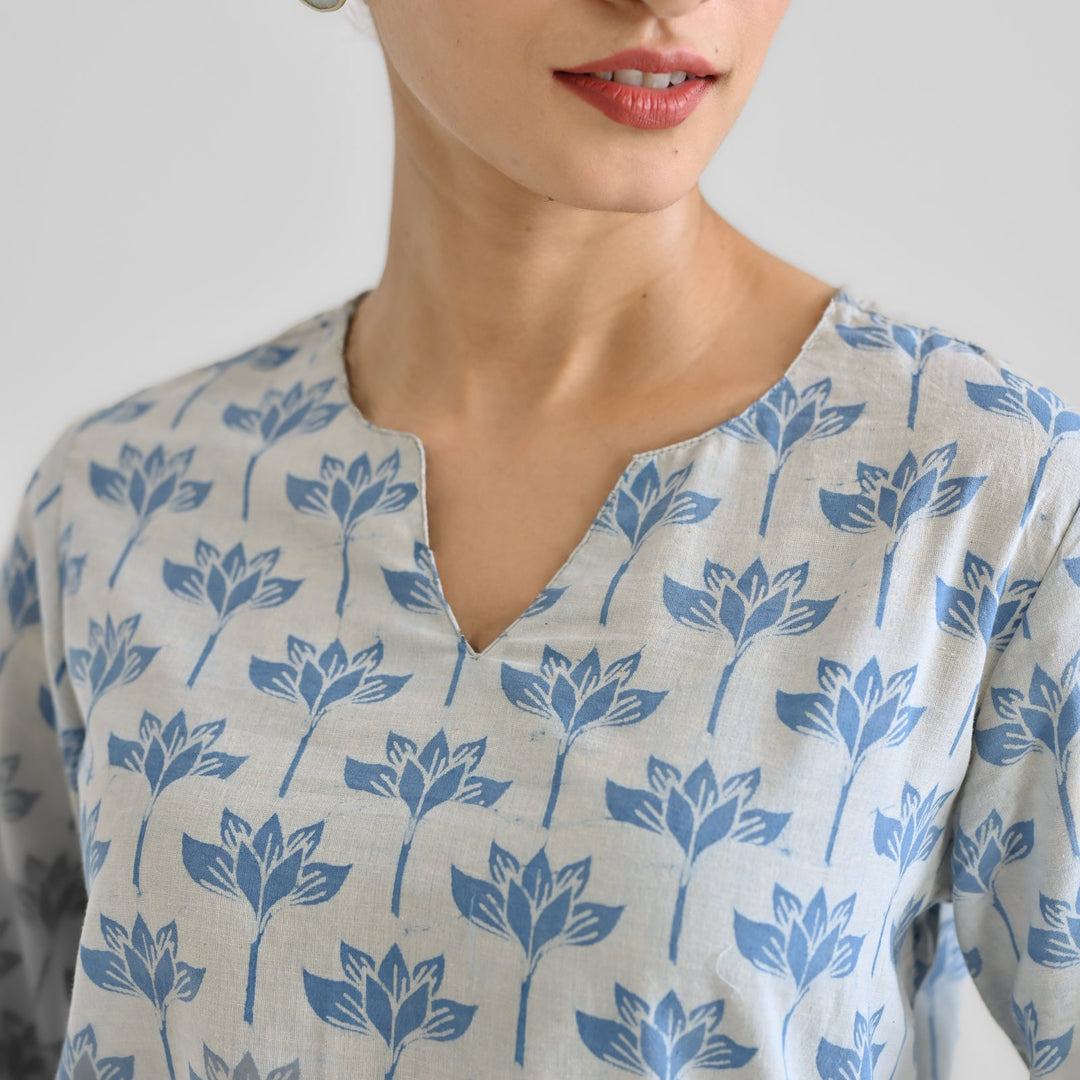 Light-Blue-Cotton-Lotus-Dabu-Print-2-Piece-Kurta-Set