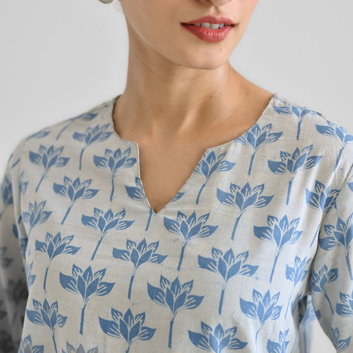 Light-Blue-Cotton-Lotus-Dabu-Print-2-Piece-Kurta-Set