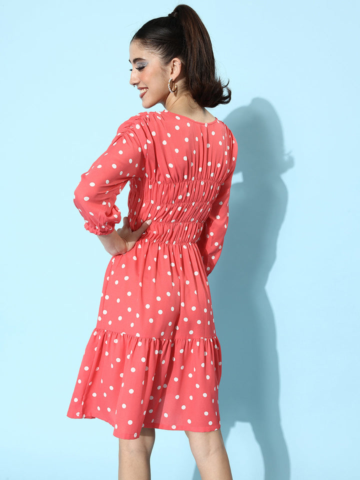 Coral-Polyester-Moss-Ruched-Polka-Dress