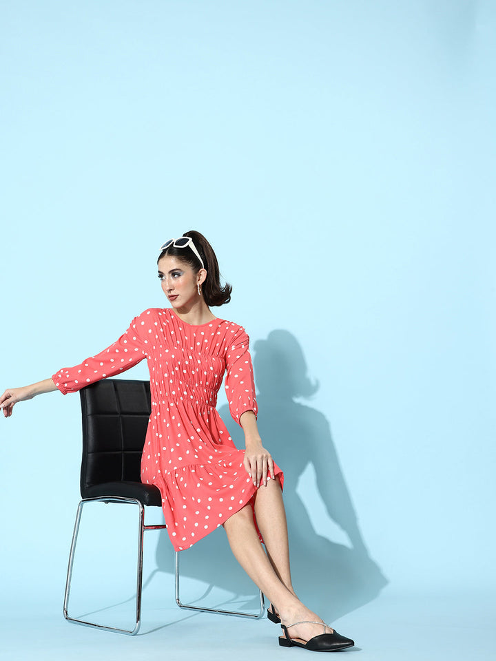 Coral-Polyester-Moss-Ruched-Polka-Dress