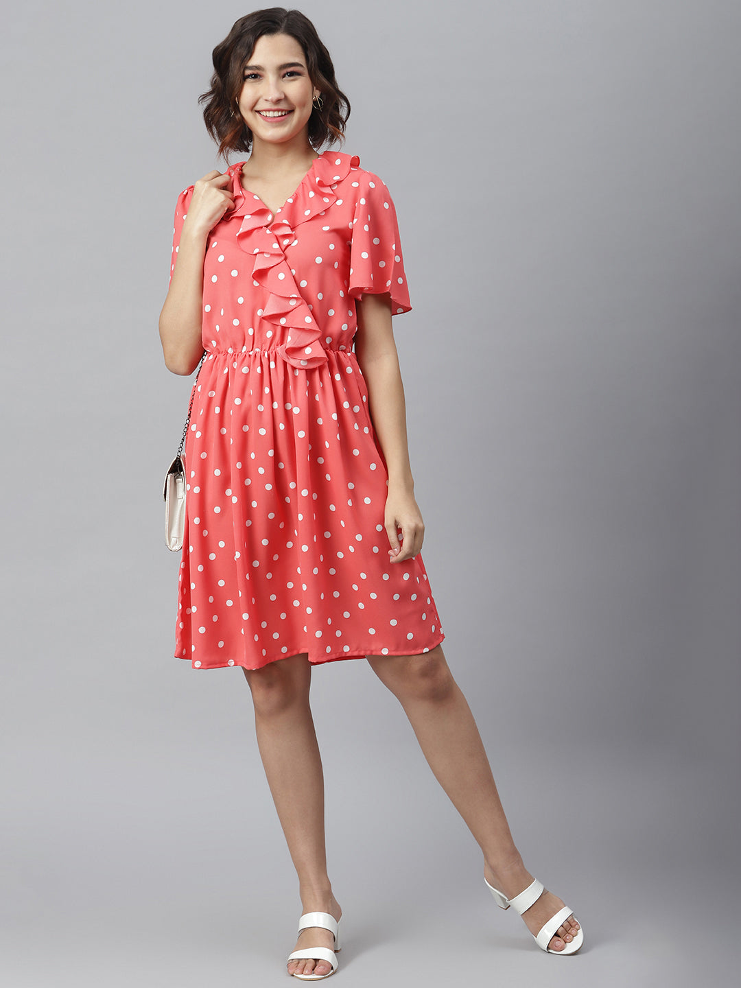 Coral-Polyester-Polka-Dress-With-Ruffle