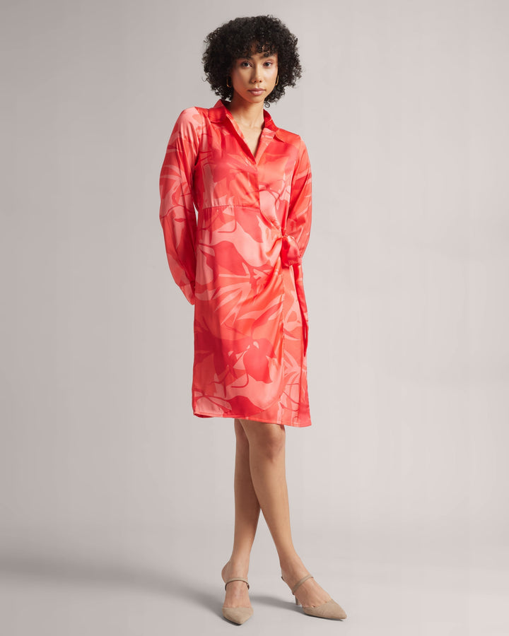 Coral Red Satin Abstract Print Shirt Style Mini Wrap Dress