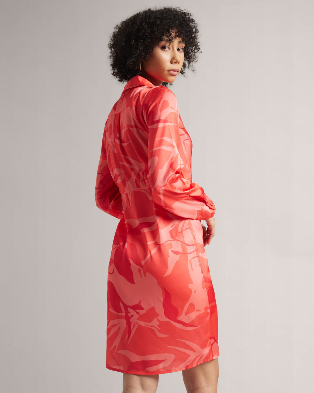 Coral Red Satin Abstract Print Shirt Style Mini Wrap Dress