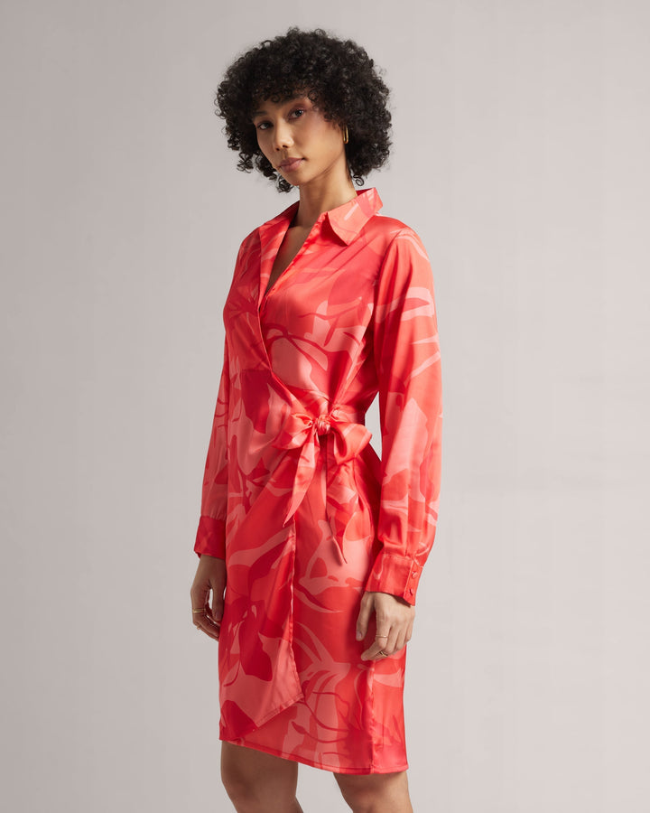 Coral Red Satin Abstract Print Shirt Style Mini Wrap Dress