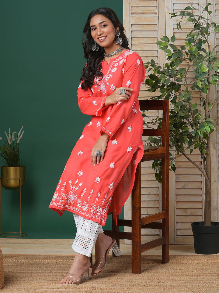 Coral Red & White Sustainable Cotton Chikankari Kurta