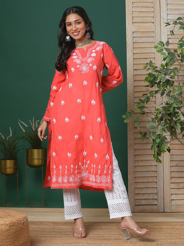 Coral Red & White Sustainable Cotton Chikankari Kurta