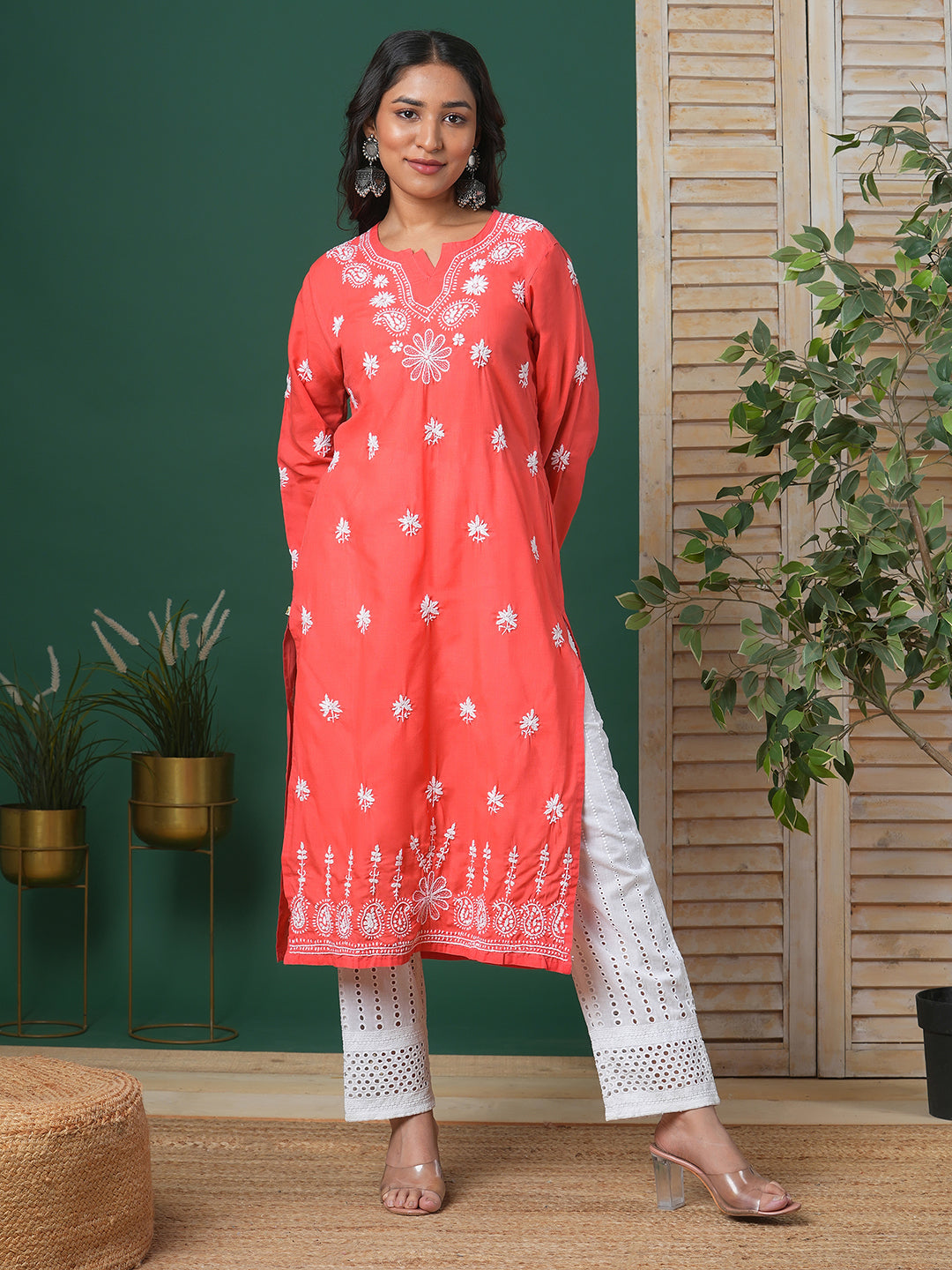 Coral Red & White Sustainable Cotton Chikankari Kurta