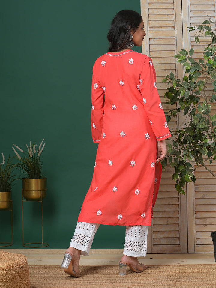 Coral Red & White Sustainable Cotton Chikankari Kurta