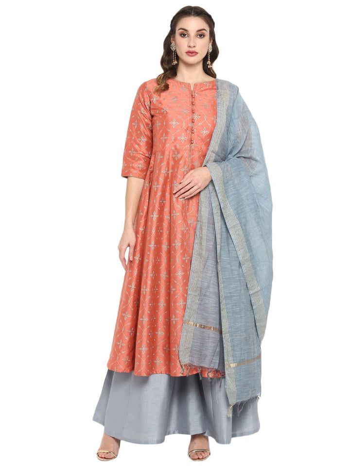 Coral & Grey Poly Silk Kurta Set with Dupatta