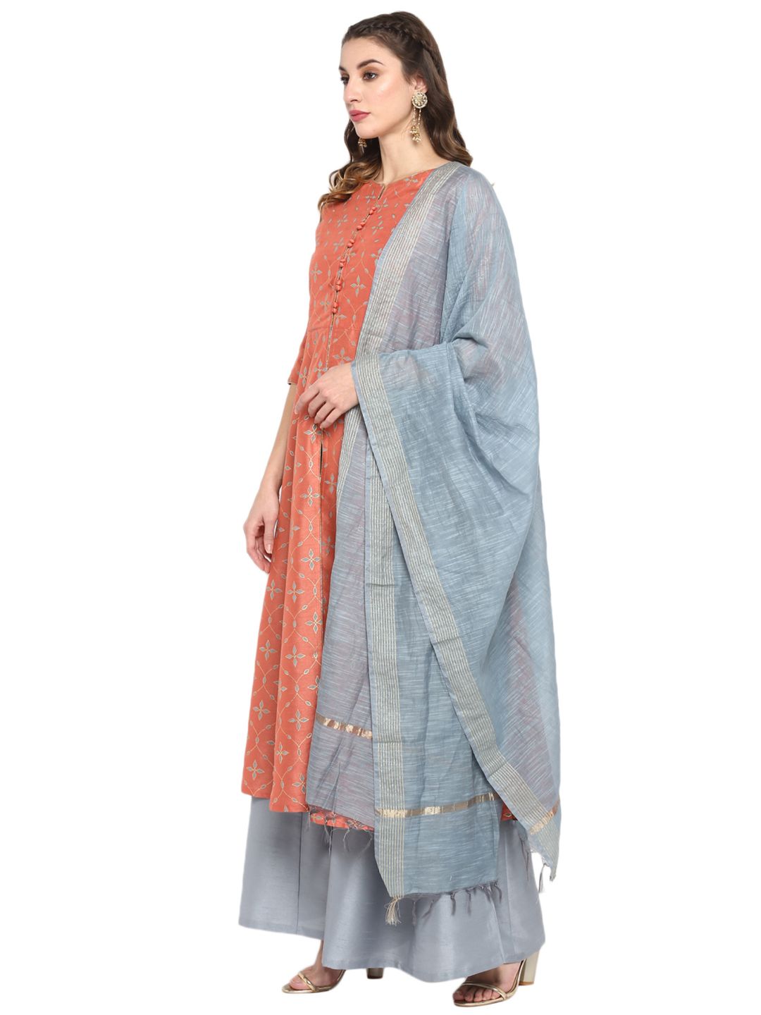 Coral & Grey Poly Silk Kurta Set with Dupatta