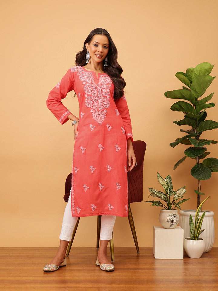 Coral & White Sustainable Cotton Chikankari Kurta