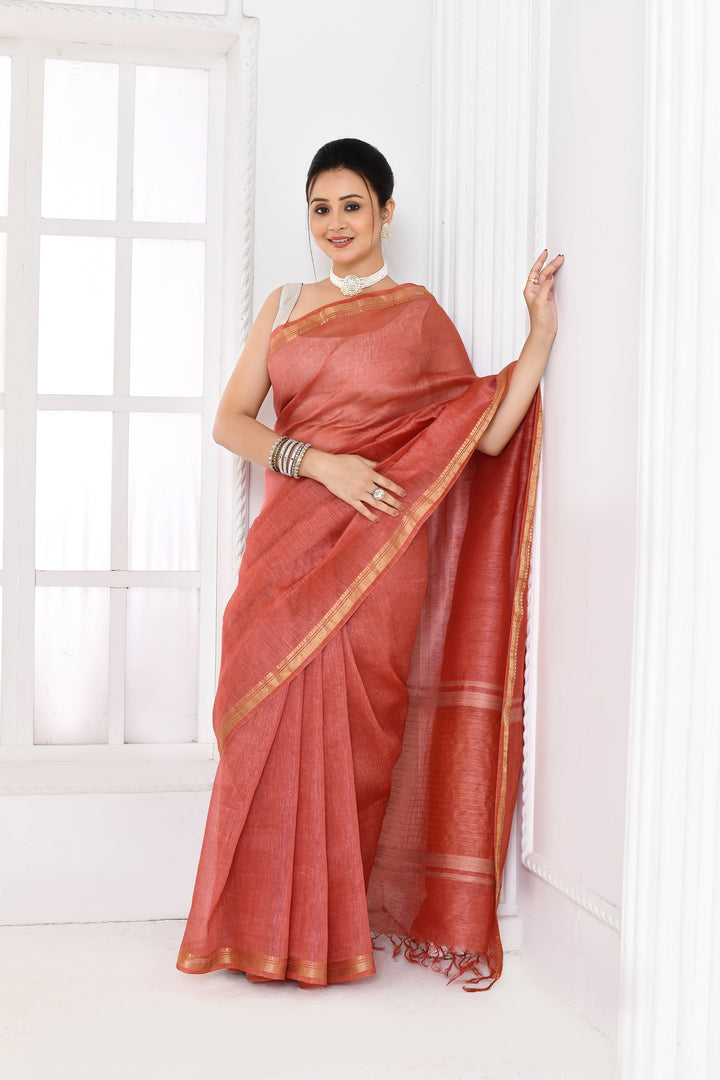 Coral-Pink-Tussar-Linen-Handloom-Saree-With-Embroidered-Blouse