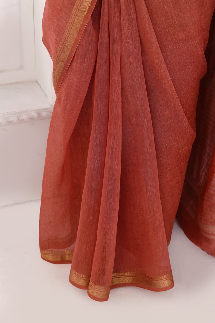 Coral-Pink-Tussar-Linen-Handloom-Saree-With-Embroidered-Blouse