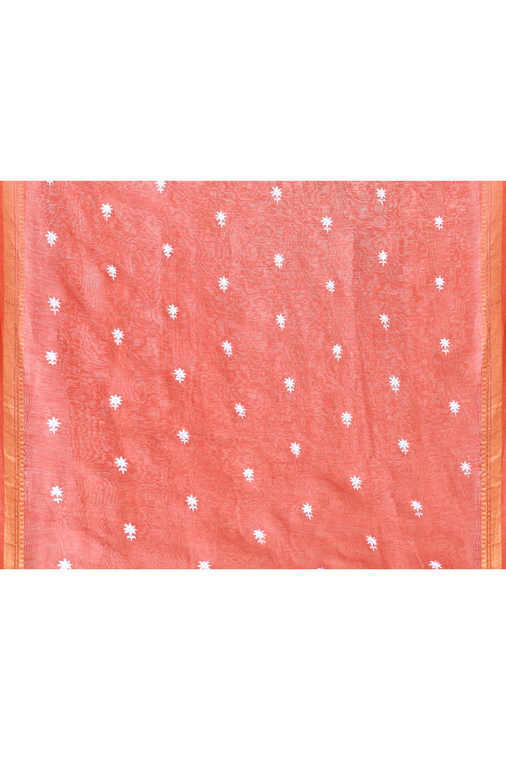 Coral-Pink-Tussar-Linen-Handloom-Saree-With-Embroidered-Blouse