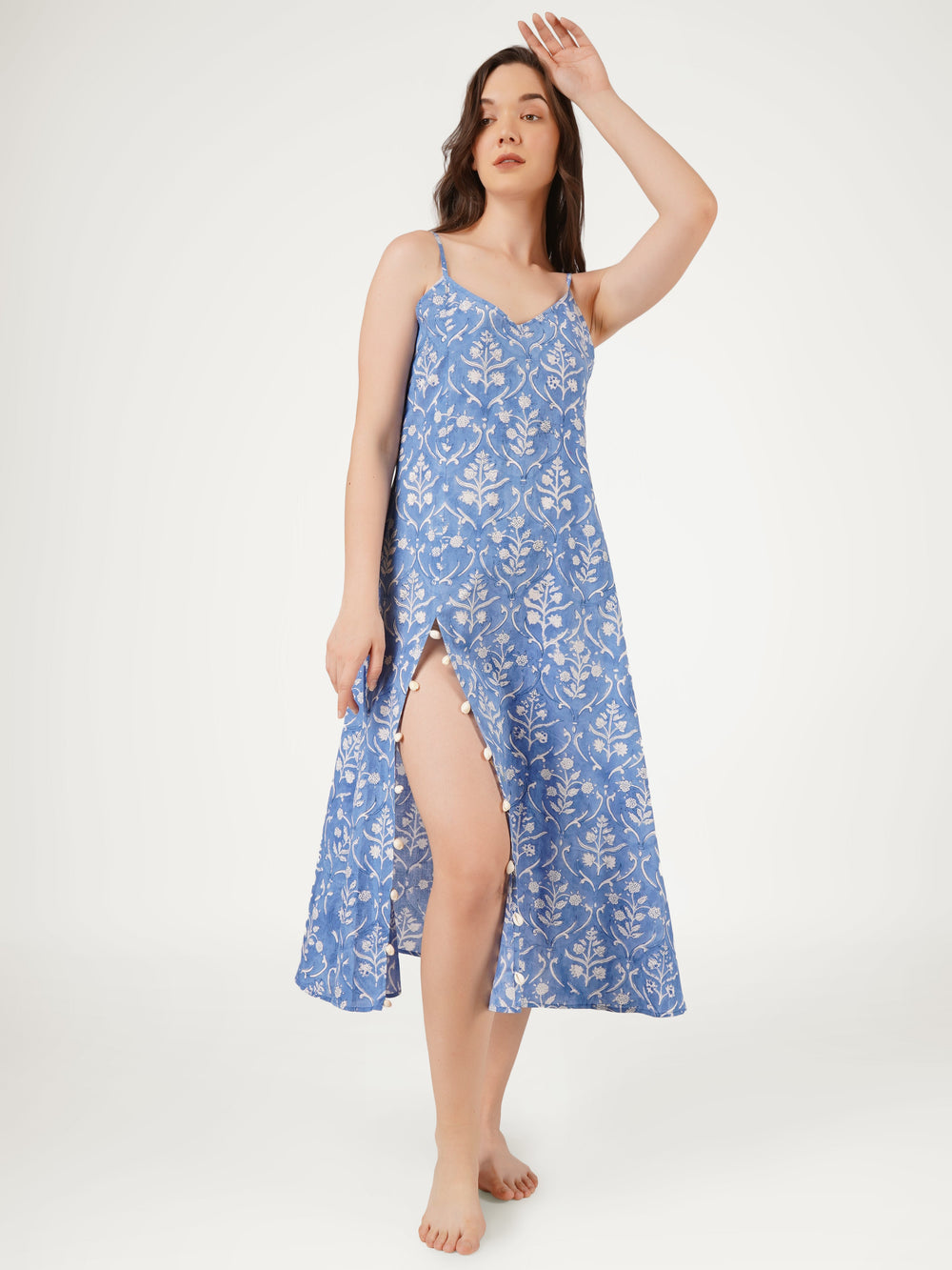 Cornflower-Blue-Cotton-Strappy-High-Slit-Dress