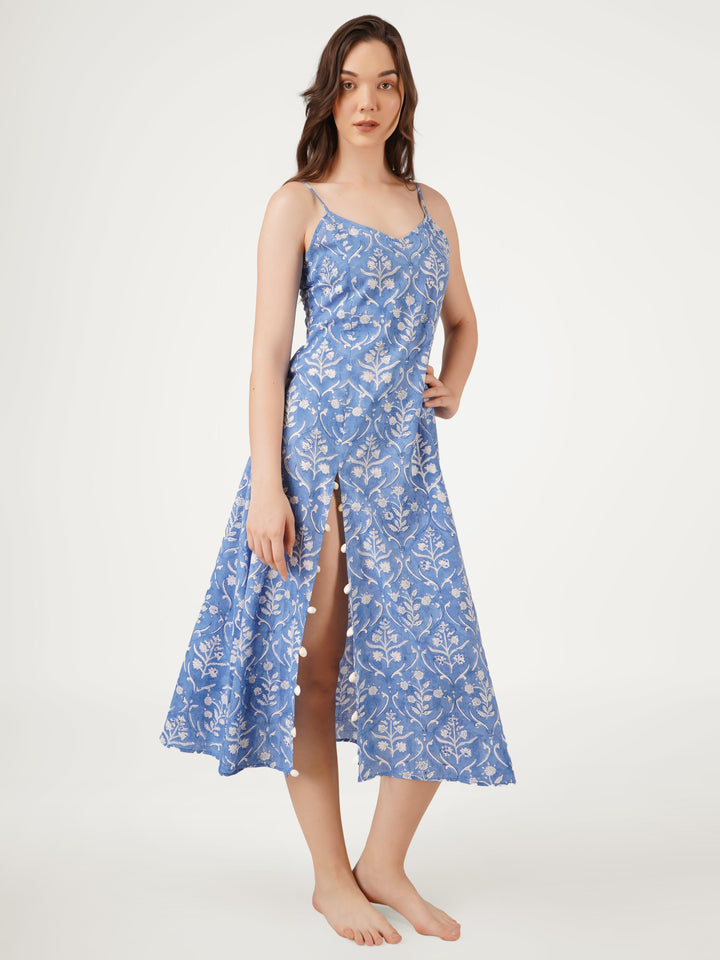 Cornflower-Blue-Cotton-Strappy-High-Slit-Dress