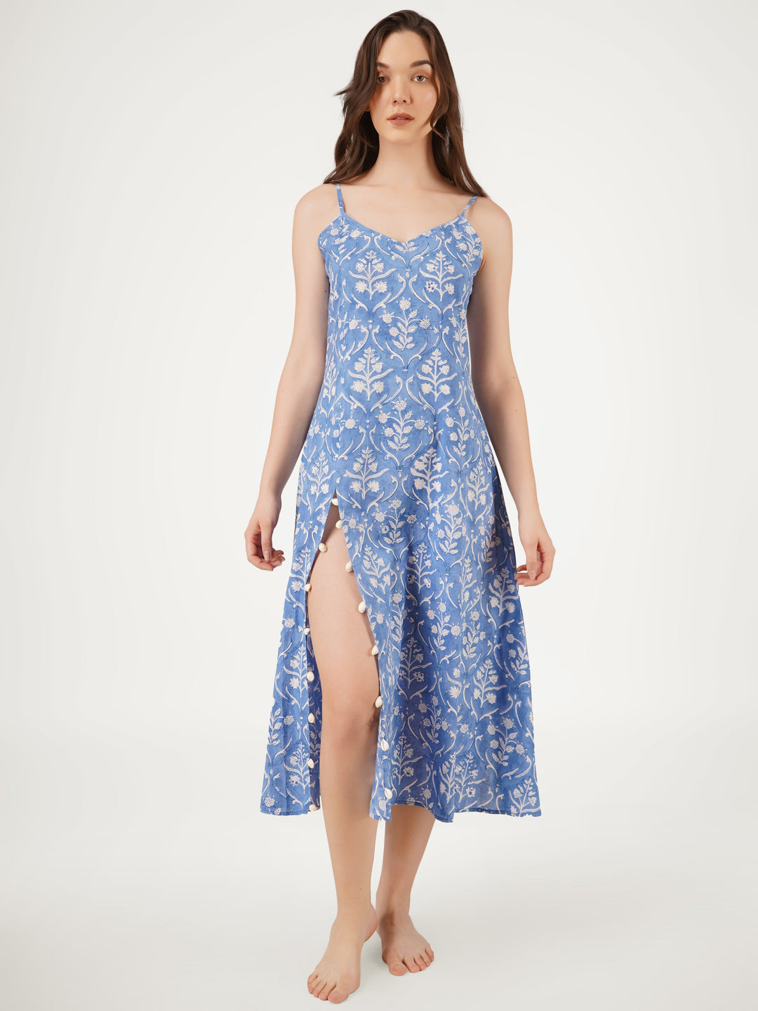 Cornflower-Blue-Cotton-Strappy-High-Slit-Dress