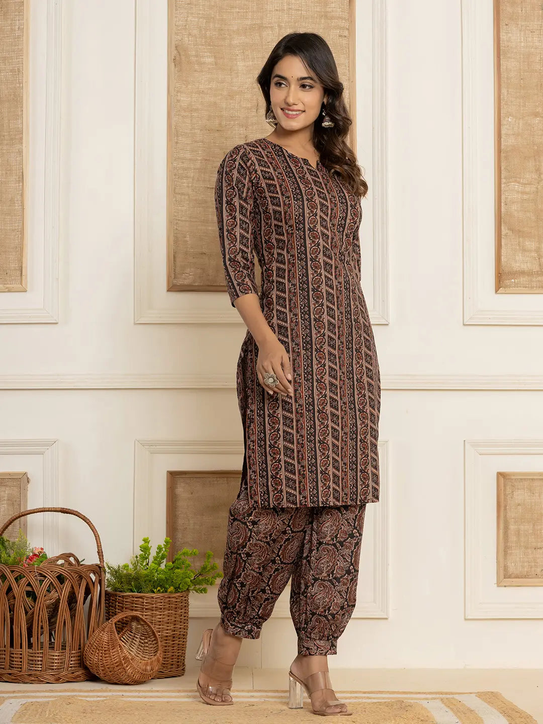 Black-Cotton-Ethnic-Motifs-Print-Workwear-2-Piece-Kurta-Set