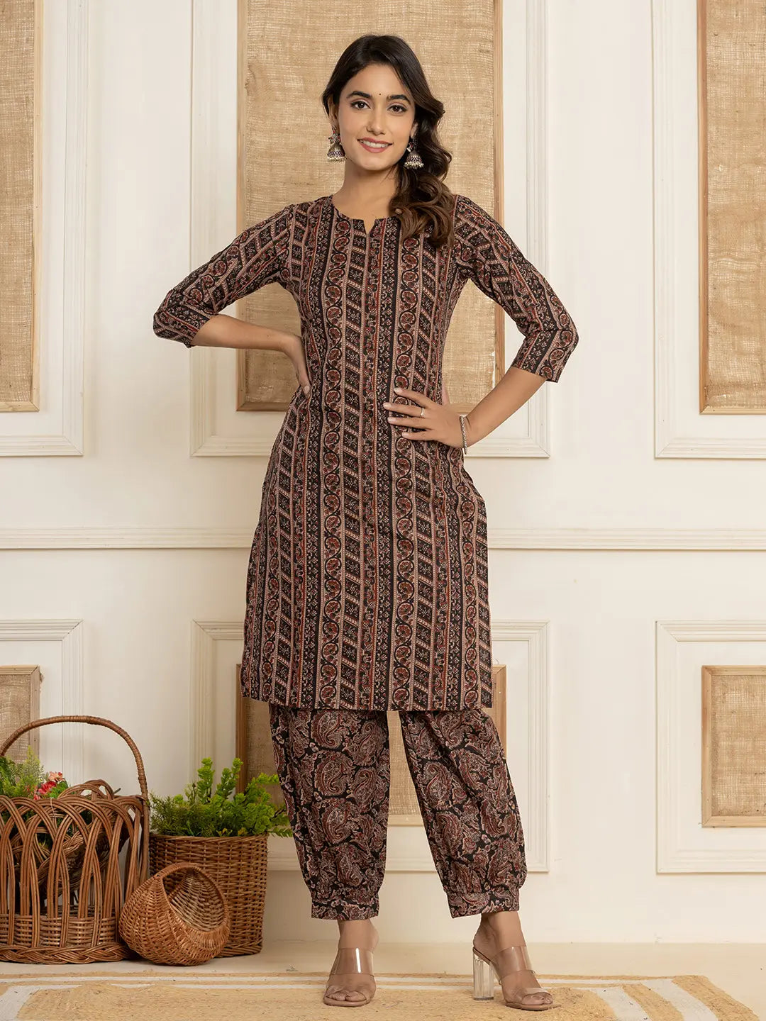 Black-Cotton-Ethnic-Motifs-Print-Workwear-2-Piece-Kurta-Set