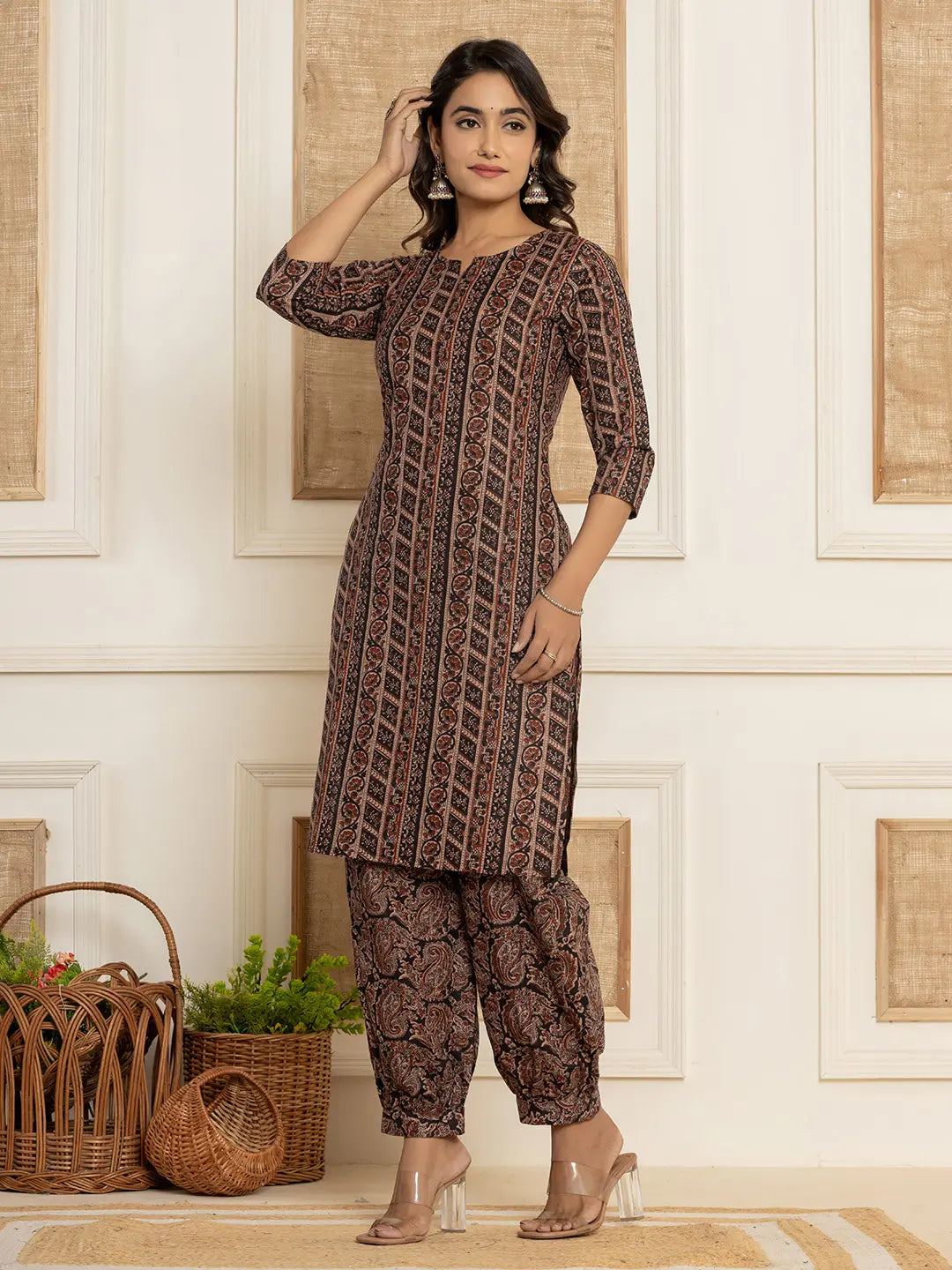 Black-Cotton-Ethnic-Motifs-Print-Workwear-2-Piece-Kurta-Set