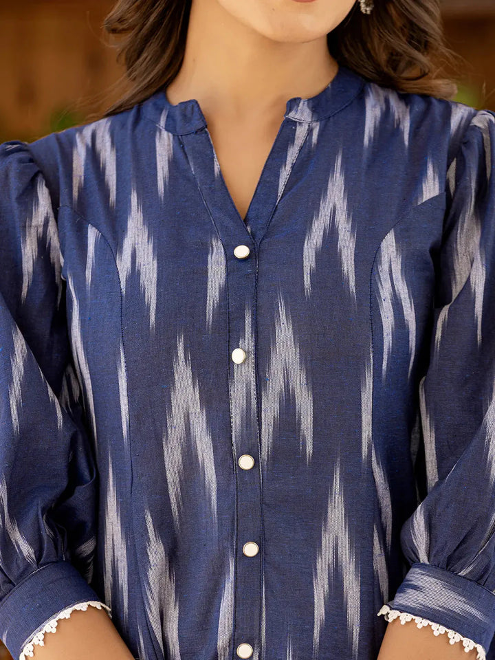 Blue-Cotton-Ikat-Print-Puffed-Sleeve-Tops